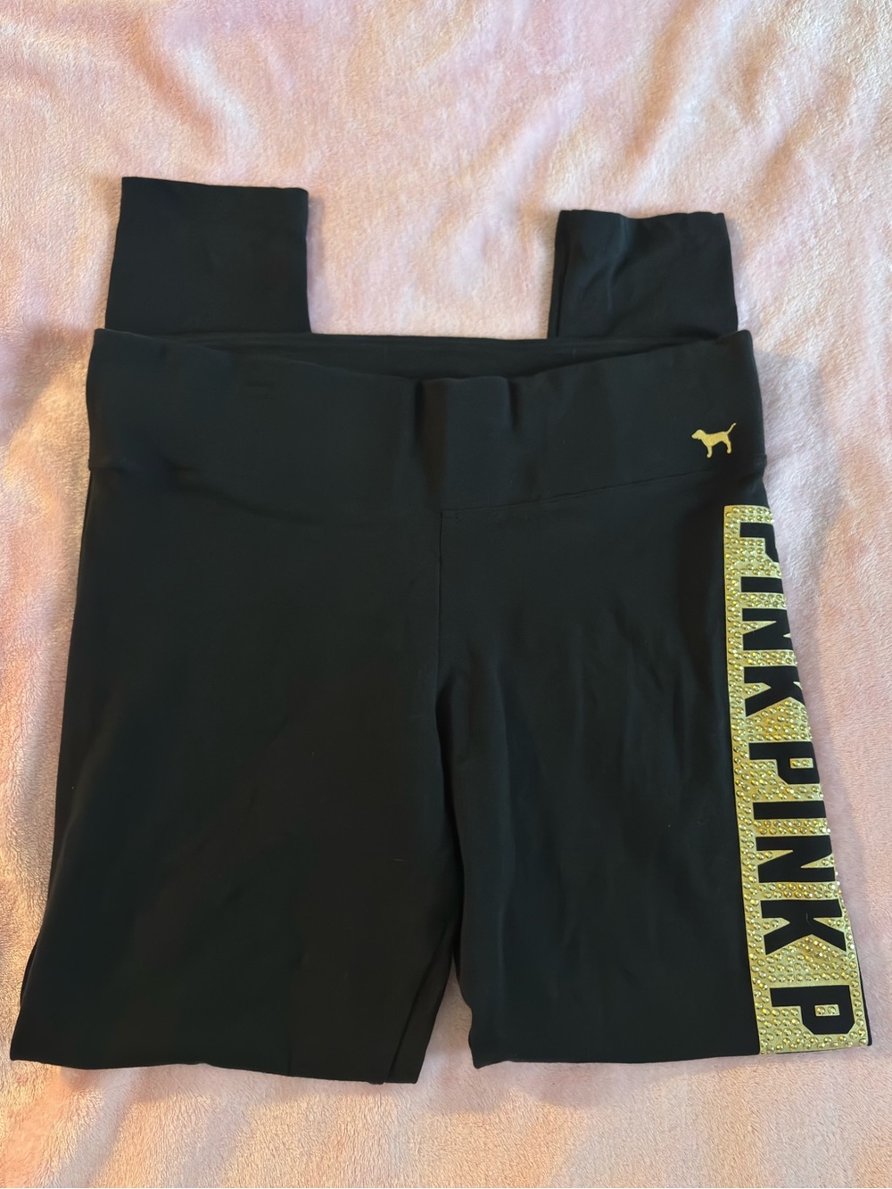 VS PINK Black and Gold Studded Low Rise Skinny Yoga Pants Leggings Size Large